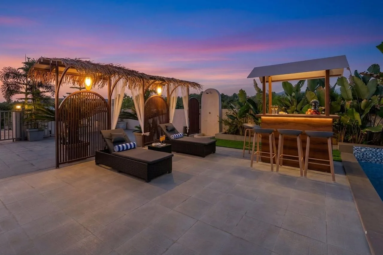 The cabana deck and bar after dark